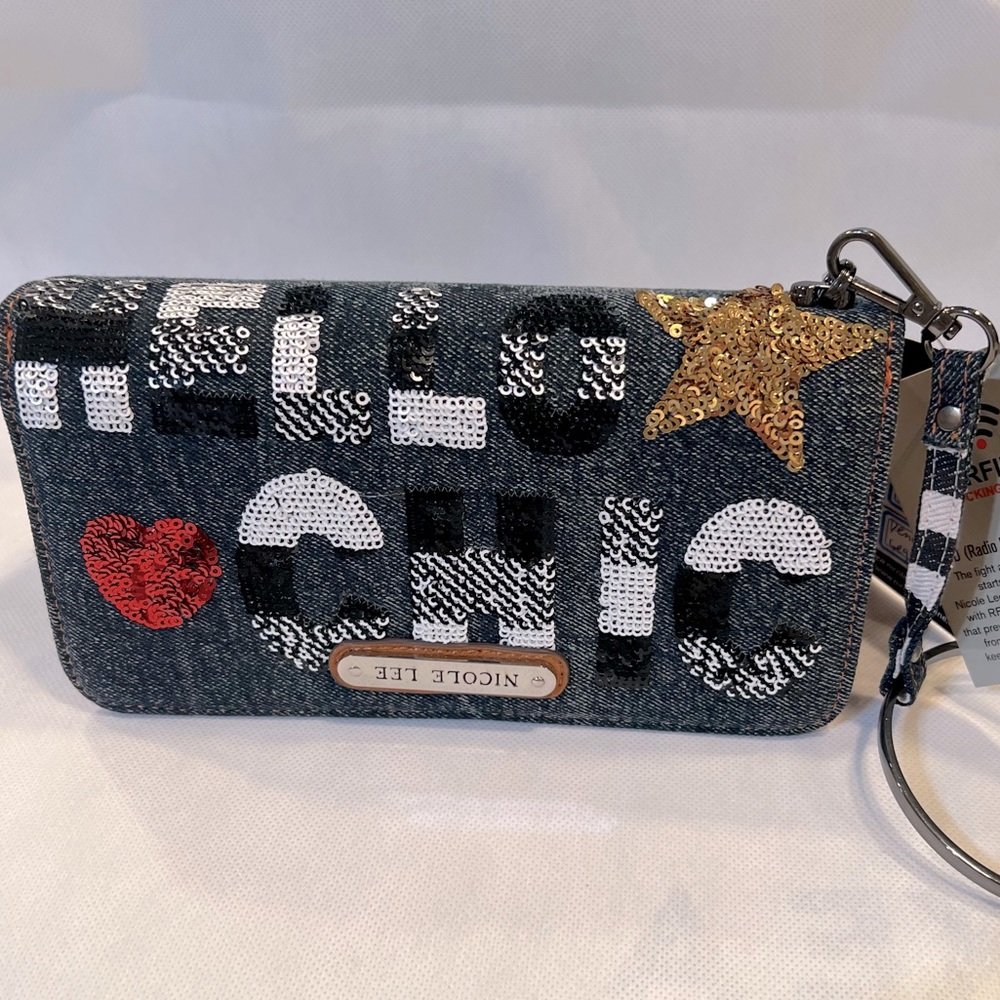 NWT~Nicole Lee~HELLO CHIC~ WRISTLET/ WALLET w/RFID Blocking~Denim & Faux Leather